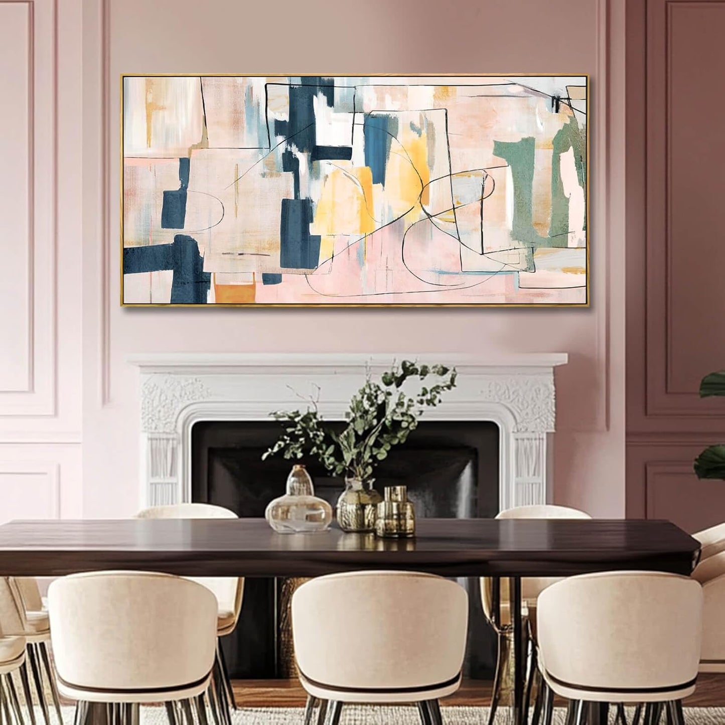 Pink Abstract Painting Large Wall Art Living Room Decor Blue Canvas Print Line Artwork Home Office Decoration 29x58 Inch