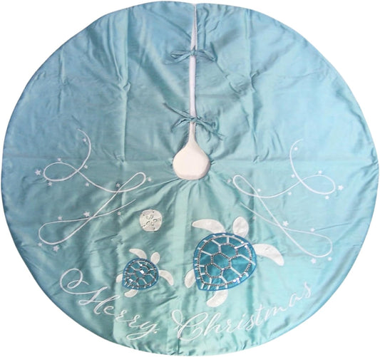 Merry Christmas Sequin Turtle Tree Skirt, 42 Inches, Turquoise and White