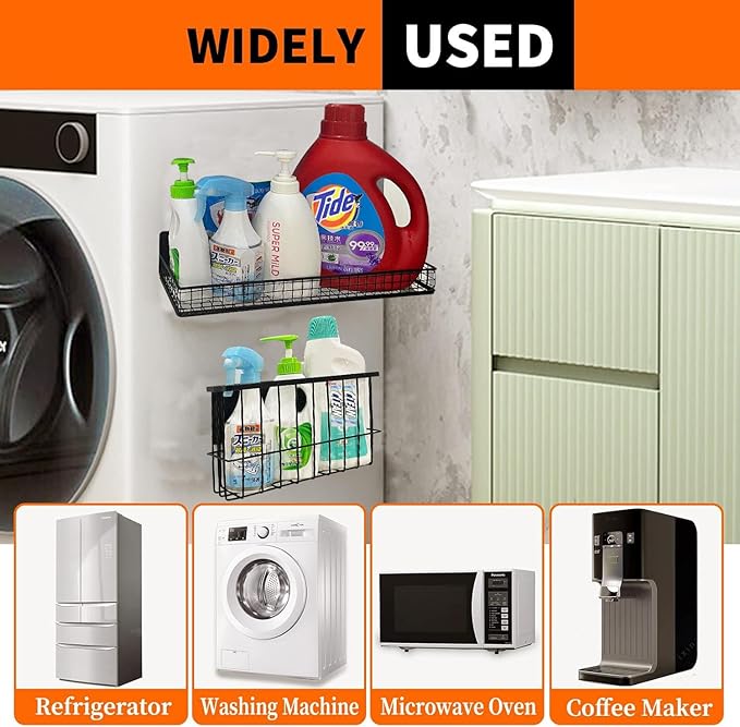 Bruda 2 Pack Magnetic Storage Rack for Spice, Magnetic Organization Shelf for Refrigerator, Fridge, Washing Machine, Oven, Coffee Maker, Metal Peg Board, Stacked Washer and Dryer 010