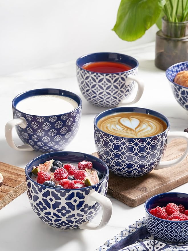 DOWAN Coffee Mugs Set of 4, 24 oz Large Coffee Mugs, Jumbo Soup Mugs With Handles, Ceramic Coffee Cups for Coffee Cereal Latte for Men Women, Housewarming Wedding Gift, Vintage Blue