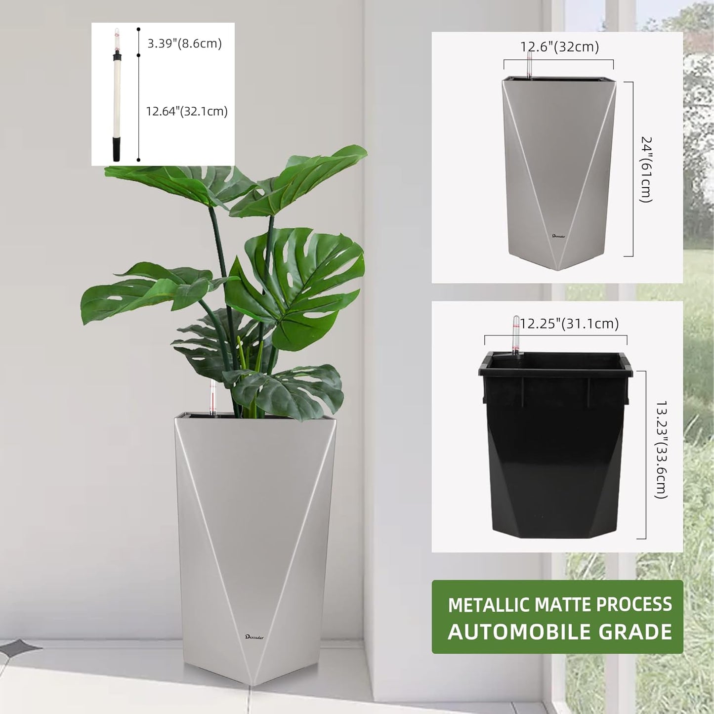Dexceder 24 Inches Tall Self Watering Planter Diamond Metallic Matte Indoor Outdoor, Thickened Rhombus Large Floor Standing Flower Plant Pot with Water Level Indicator (Gray)