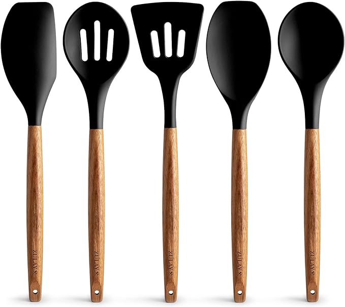 Zulay Kitchen Non-Stick Cooking Utensils Set with Authentic Acacia Wood Handles – 5-Piece Durable & Stylish Silicone Kitchen Utensils Set – Heat Resistant to 464°F – Black