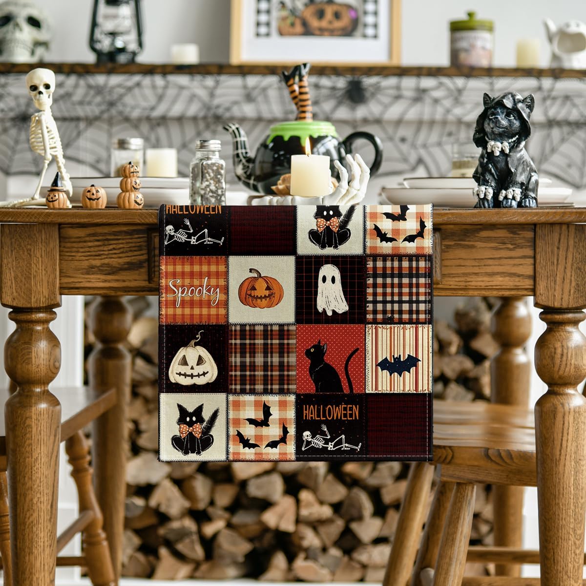 Artoid Mode Black Cat Bat Pumpkin Spooky 210 GSM Halloween Table Runner, Ghost Kitchen Dining Table Decoration for Home Party Decor 13x48 Inch