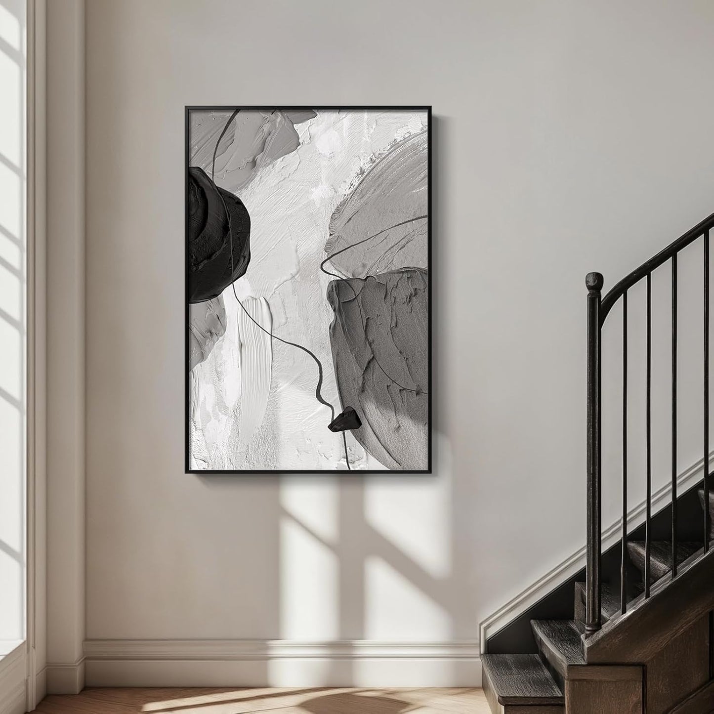 Large Framed Black and White Modern Abstract Vertical Wall Art for Living Room, Canvas Prints Paintings Artwork for Walls, Minimalist Gray Pictures for Hallway Stair Office Wall Decor 40x60 In