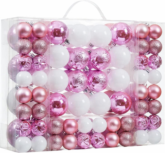 87-Pack Shatterproof Christmas Ball Ornaments Set, Christmas Tree Decorations with Hand-held Gift Package for Xmas Tree Holiday Wedding Party (Pink and White)