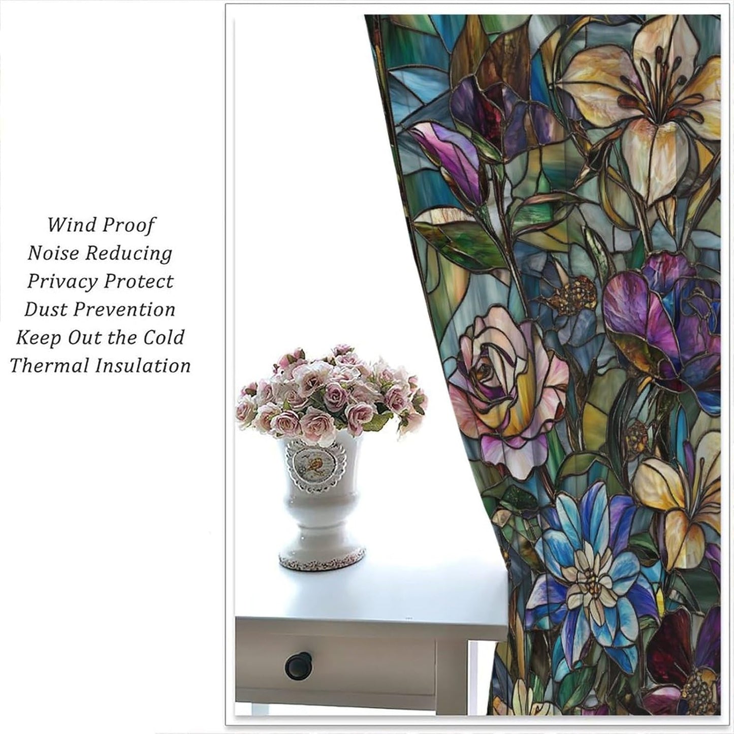 Stained Glass Curtains,Retro Colored Glass Flowers Art Home Decor Drapes for Bedroom Living Room Kitchen Window Treatment 2 Panels Set Total Size 42" W X 54" L Inch