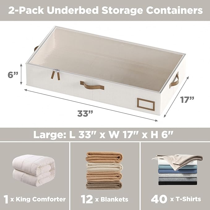 Under Bed Storage Containers, 2-Pack Underbed Storage Box, Collapsible Clothes Storage Bins with Handles and Lid, Large Under Bed Organizers for Shoe, Blanket, Toy, Pillow, Sheet, Beige