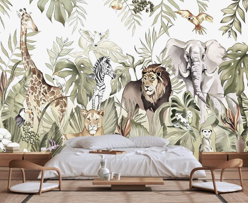 Hand-Painted Beautiful Wall Mural Pattern of Tropical Plants and Various Animals, Large Art Wall Background Wallpaper(Non-self-Adhesive)