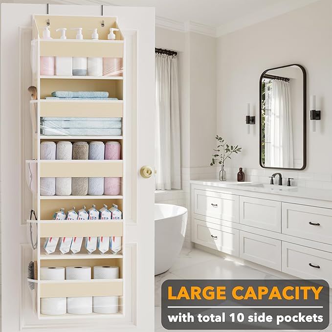 SpaceAid 2 Pack Over The Door Organizer with 5 Large Pockets and 10 Mesh Side Pockets, 5 Layers Door Organizer Hanging with Clear Window for Bedroom, Bathroom, Pantry and Nursery, Beige