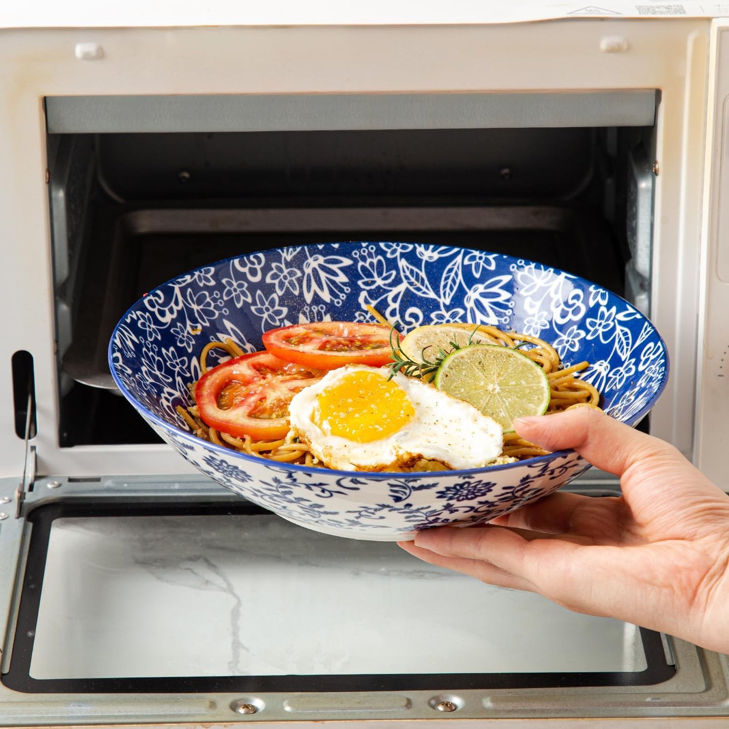 Ceramic Pasta Bowls Set - 40 Oz Porcelain Large Salad Bowls Serving - 9 Inch Wide Shallow Plate Bowls for Eating - Housewarming Wedding Gift - Oven Dishwasher Safe - Set of 6 - Vintage Blue