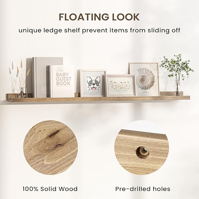 Floating Shelves for Wall, Picture Ledge Shelf 55 Inch Solid Wood Set of 2, Rustic Wall Shelves with Lip, Kids Bookshelf, Photo & Picture Live Edge Floating Shelves for Bedroom, Living Room, Kitchen