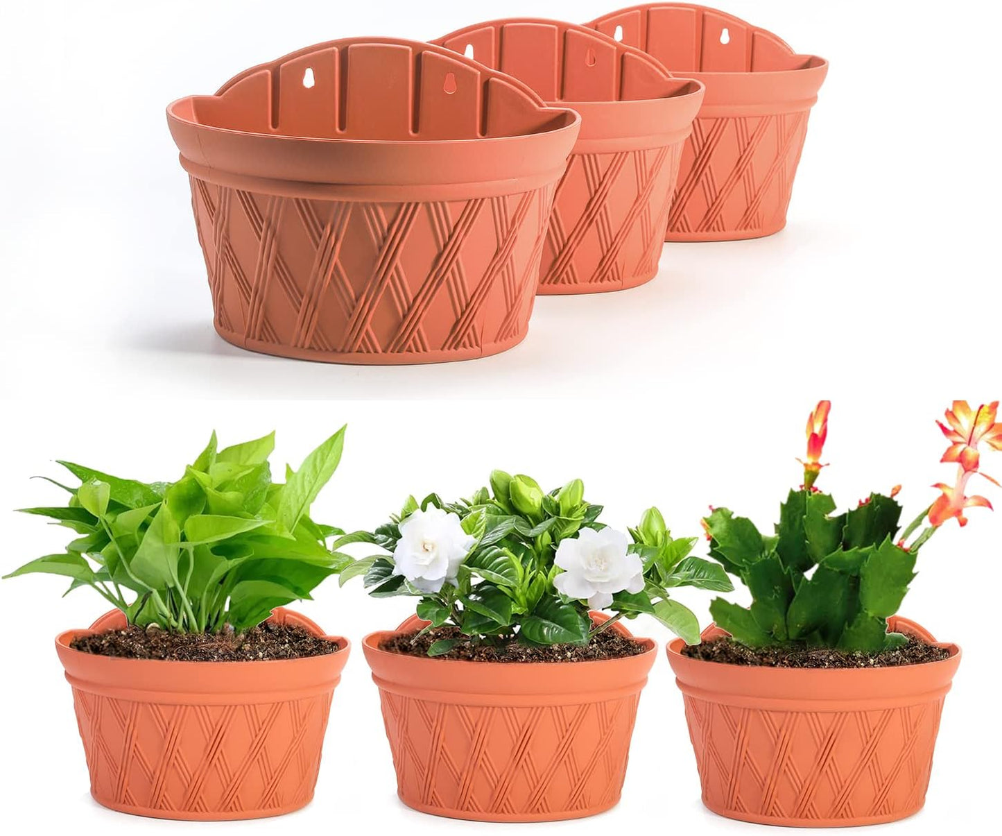 Sungmor Wall Hanging Planters,11.5 Inch Hanging Flower Pots for Railing Fence - Indoor Outdoor Balcony Wall Hanging Basket, Plastic Plant Pot Container - Half Round & 3PC Pack & Brick Red