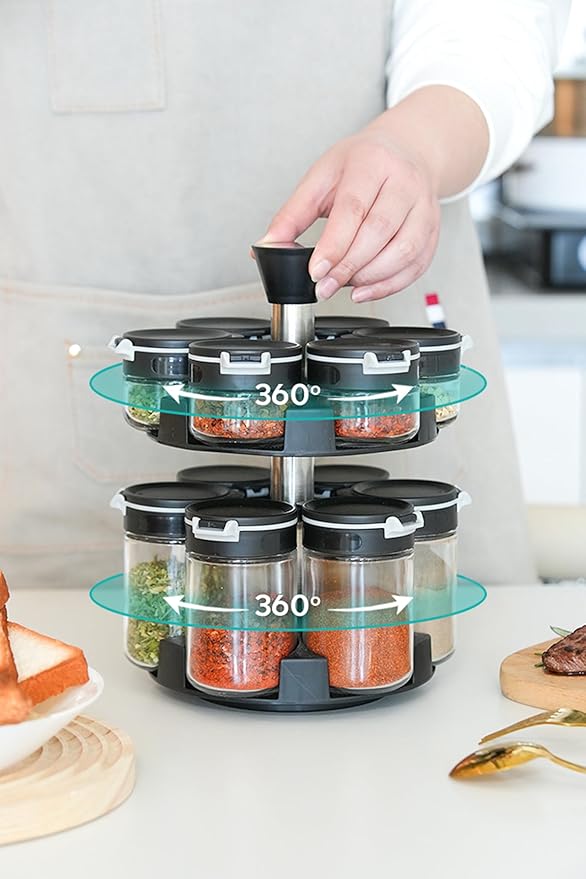 360 rotating 2 tier jars spice rack (6 small 6 large spice jars) Revolving Seasoning Organizer. Spinning Spice Rack for Counter top and Cabinet WITH Custom Label Stickers.