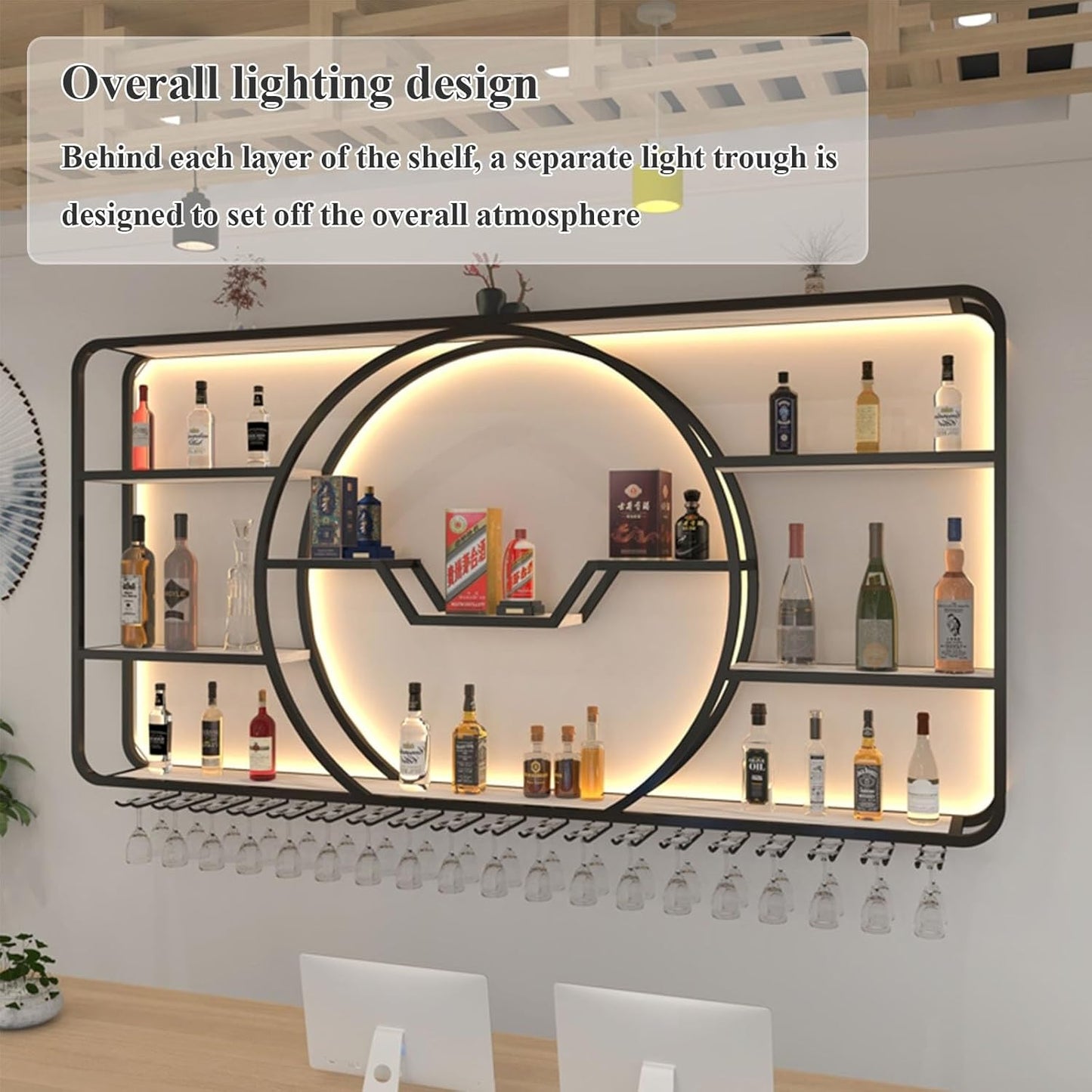 3-Tiers Metal Wine Rack Wall Mounted Modern With LED Light With Wine Glass Holder Large Liquor Bar Display Shelf,Bar Bottle Display Shelf Wine Cups Hanging Holder For Kitchen Living Room Home Decor(Bl