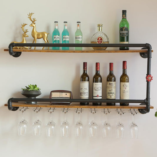 41 Inch Wine Rack Wall Mounted 2 Tier, Hanging Floating Bar Liquor Shelves with Glass Holder Storage Under, Industrial Rustic Pipe Farmhouse Kitchen Decor Black