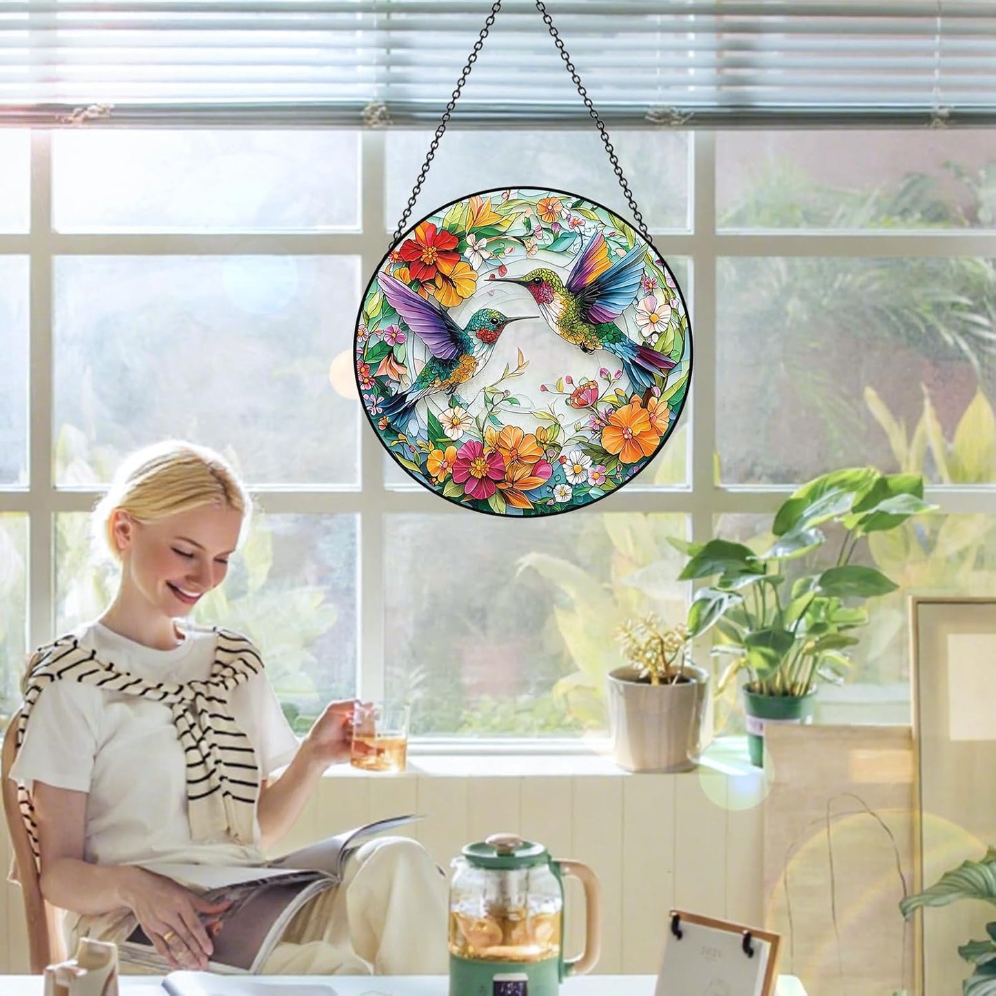 Stained Glass Window Hanging – Double-Sided Glass Sun Catcher with Chain – Memorial Window Art Panel for Home Décor, Spiritual Comfort, and All-Occasion Gifting