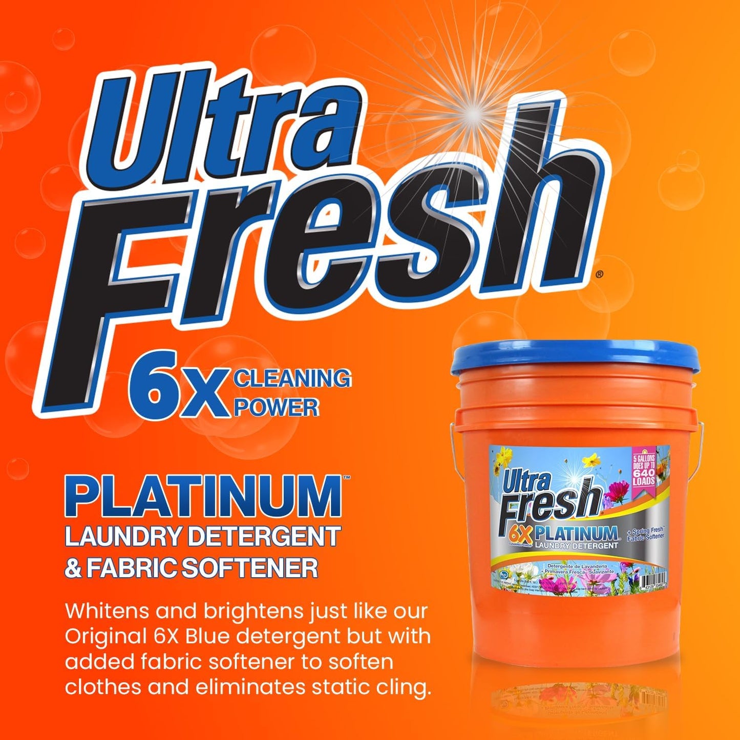 Ultra Fresh 5 Gallon Liquid Laundry Detergent Washing Soap with Spring Fresh Fabric Softener for All Machine Types, 6X Platinum, Up to 640 Loads