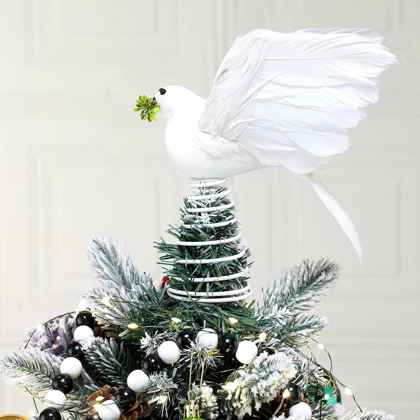 Retisee 9 Inch Dove Olive Christmas Tree Topper White Bird Christmas Tree Decoration Peaceful Flying Dove Ornaments Artificial Feather Flocked for Hanging Wedding Party Decor