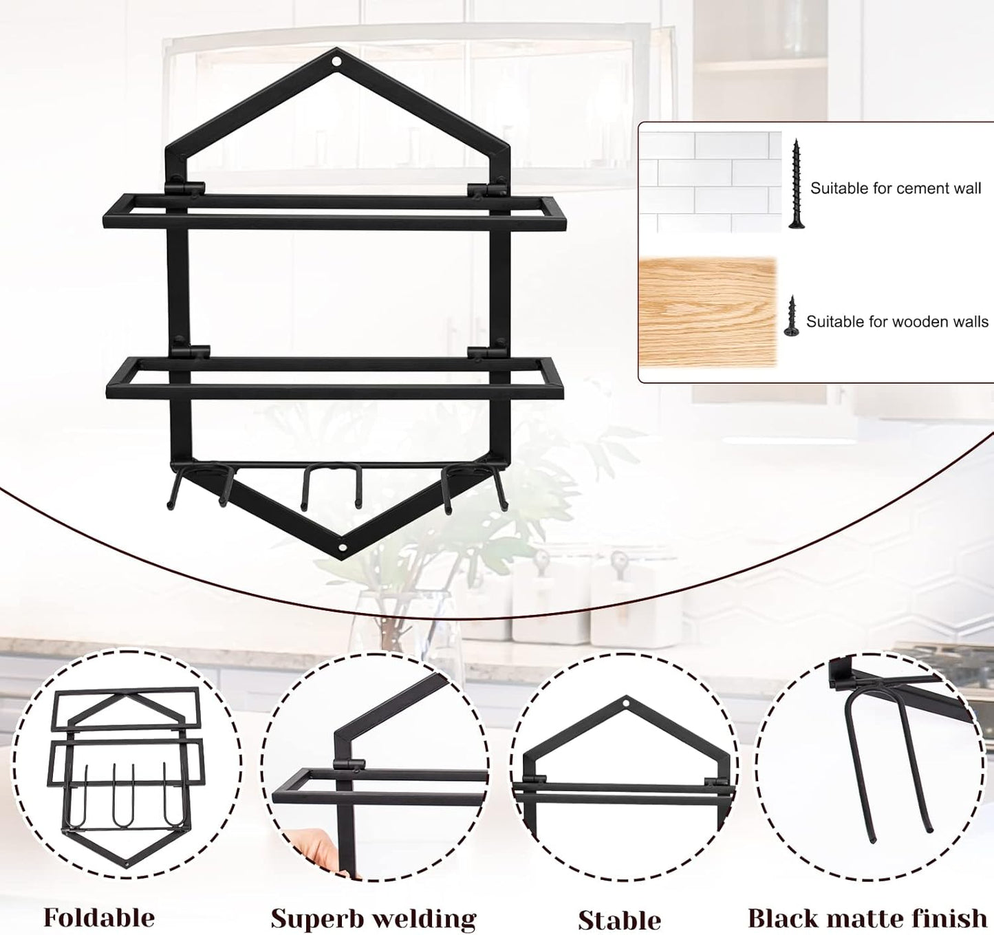 Wall Mounted Wine Stemware Rack, Metal Hanging Wine Glass Display Holde Holds 3 Cups 2 Bottles, Elegant Storage for Kitchen Dining Room Bar Wine Cellar (Black 2)