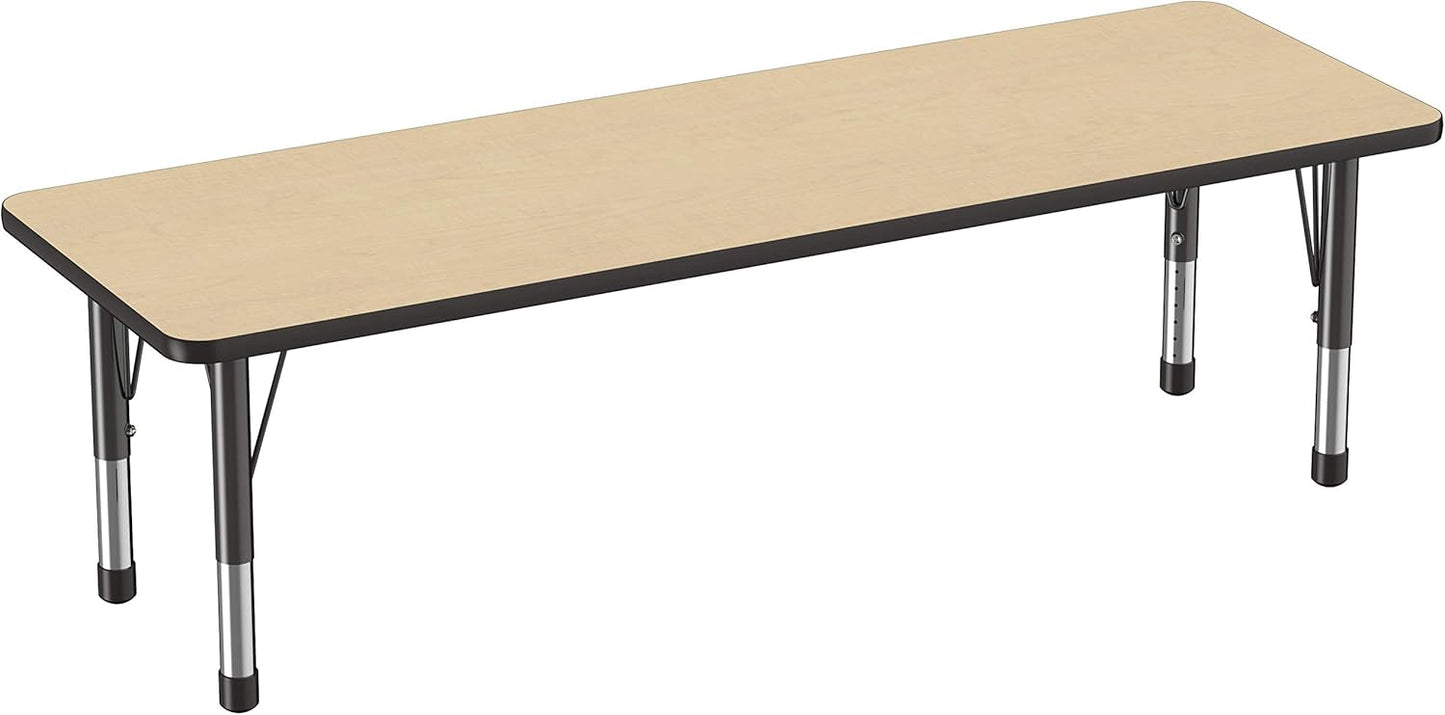FDP Rectangle Activity School and Classroom Kids Table (24 x 72 inch), Chunky Toddler Legs, Adjustable Table Height 15-24 inches - Maple Top and Black Edge
