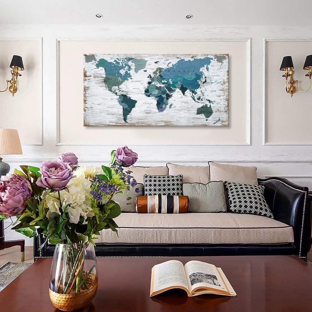 Teal Decor World Map Canvas Wall Art Pictures for Living Room Decoration Blue Wall Decor Office World Map Art Map of the world Picture Framed Artwork for Home Bedroom Decoration 20"x40"