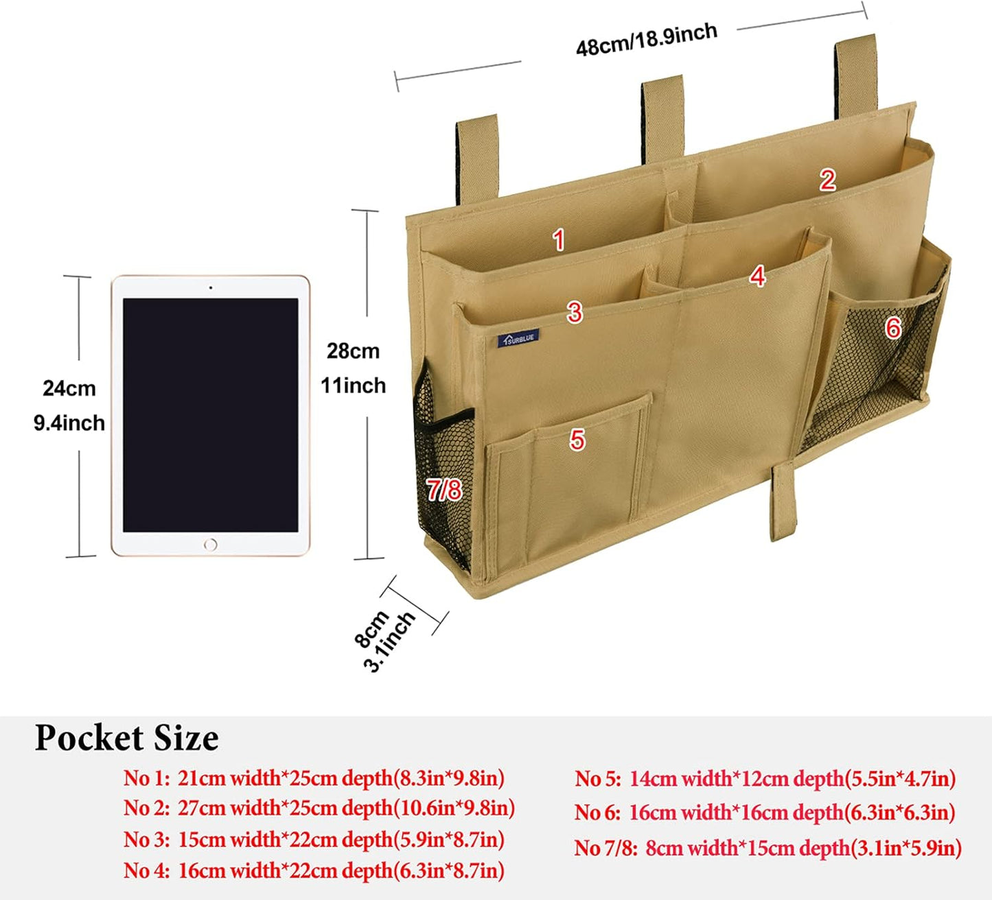 Surblue Bedside Caddy Hanging Bed Organizer Storage Bag Pocket for Bunk and Hospital Beds, College Dorm Rooms Baby Bed Rails,Camp 8 Pockets (Khaki)