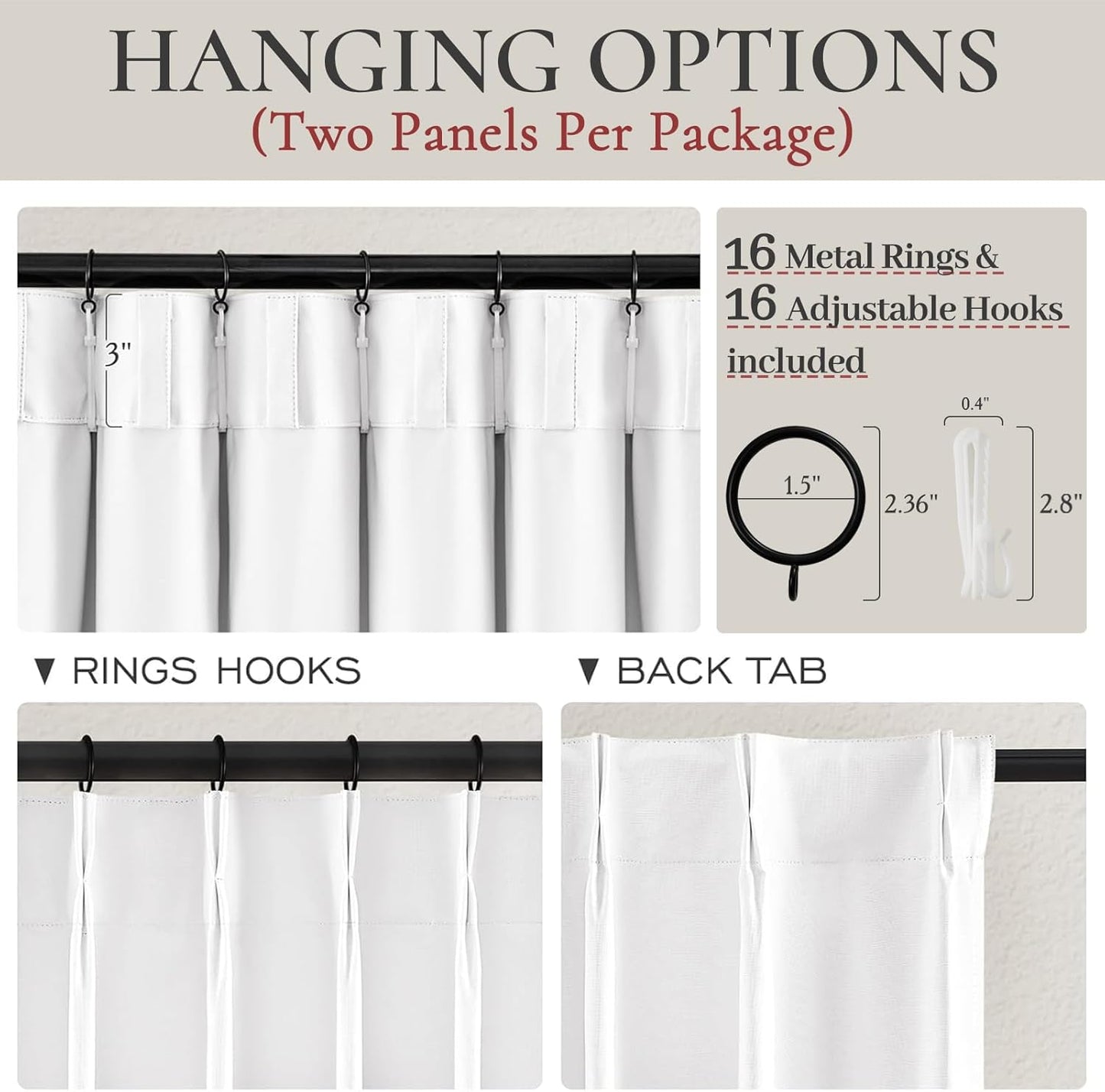 Pinch Pleated Bright White Blackout 95 Inch Curtains 2 Panels Set for Bedroom, Elegant Flax Linen Room Darkening Drapes with Hooks Rings & Ceiling Track 95 Inches Length Window Curtain for Dining Room