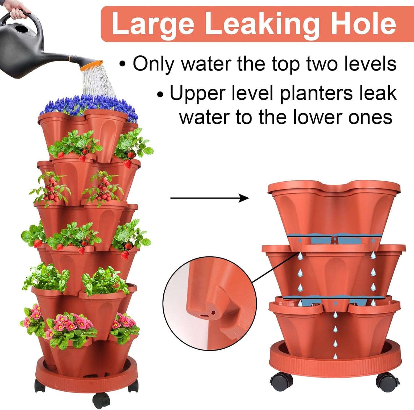 DUNCHATY Stackable Planters 6 Tier Vertical Garden Planting Tower Planters Strawberry, Herb, Flower, and Vegetable Planter Indoor Outdoor Gardening Pots with Removable Wheels and Tools, 2 Bundle
