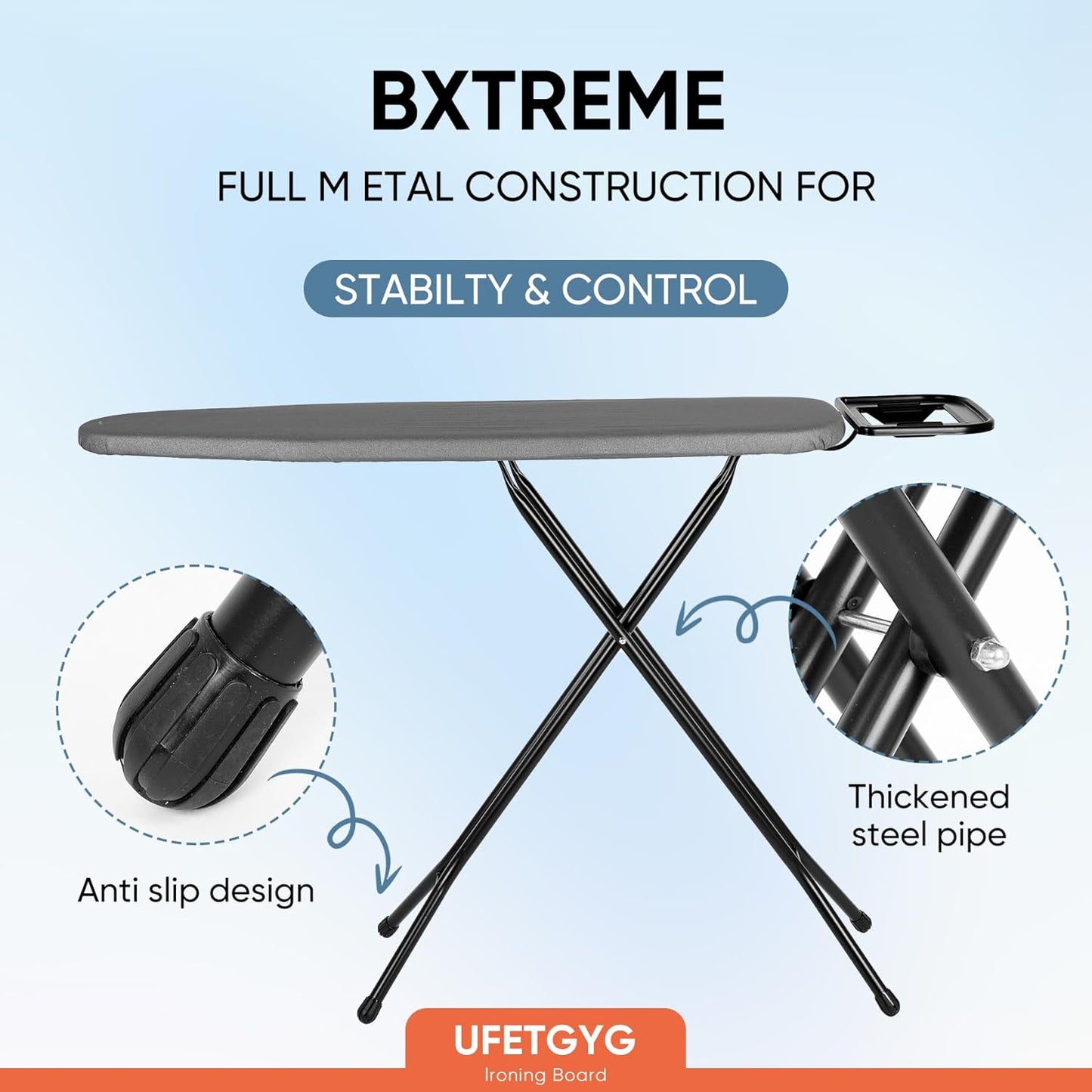 Classic Ironing Board 43" X 13" W/with Iron Rest | Full Metal Construction| Height Adjustable | Heat & Scorch Resistant Fabric | Anti-Skid Feet | Easy to Fold (Dark Grey)