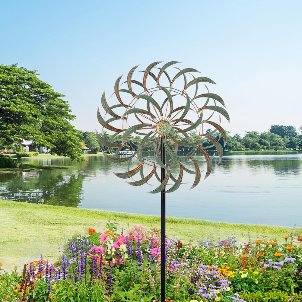 Viveta Large Outdoor Wind Spinner,21 * 85 inches Metal Wind Sculpture with 4 Sturdy Stakes,Green Double Wind Spinners,Decorative Windmill for Yard and Garden