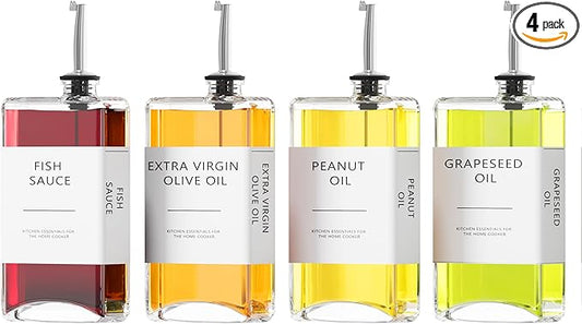 New England Stories Kitchen Cooking Oil Dispenser Set, Olive Oil and Vinegar Bottles, Soy Sauce Dispenser - 4 Pieces, Silver, Durable & Stylish Design