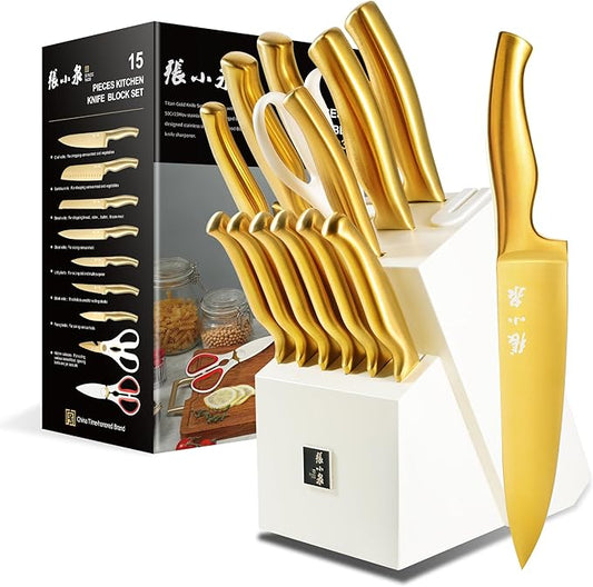 ZHANG XIAO QUAN SINCE 1628 15Pcs Knife Sets with Block, 50Cr15MoV Stainless Steel kitchen knife set with Built-in Sharpener Dishwasher Safe(Golden)