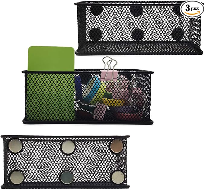 EASEPRES Magnetic Pencil Holder Set of 3 - Black Wire Mesh Storage Baskets Organizer with Strong Magnets - Perfect for Whiteboard, Refrigerator and Locker Accessories
