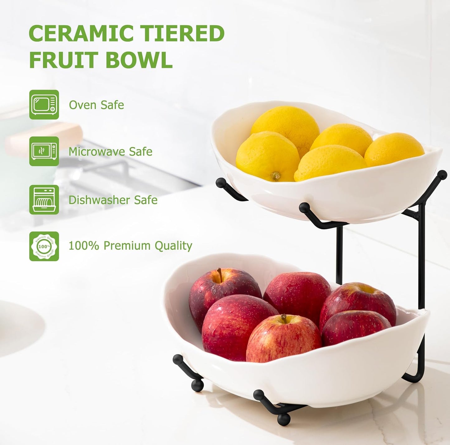 HBlife Fruit Bowl for Kitchen Counter - 2 Tier Ceramic Fruit Rack, Fruit Basket for Fresh Fruit&Veggies, Tiered Fruit Platter Serving Trays for Party
