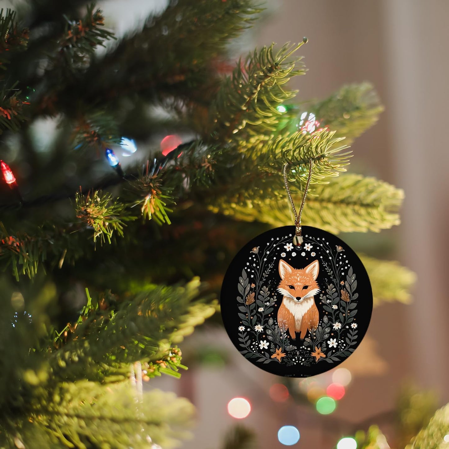 Fox Ornament, Fox Gifts for Women Girls Men,Gifts for Fox Lovers, Cottagecore Botanical Fox Ceramic Ornaments, Fox Decorative Hanging Ornament