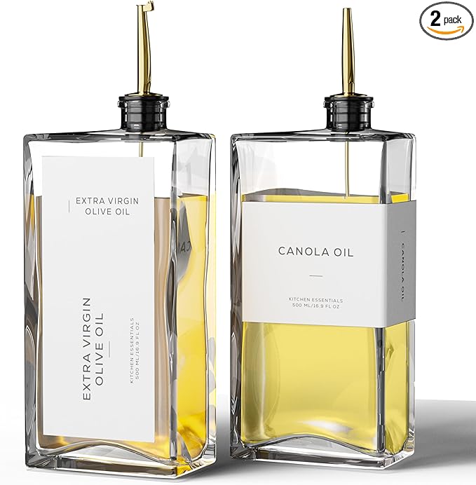 Olive Oil Dispenser for Kitchen, 16.9 oz/ 500 ml Olive Oil Dispenser Bottle, Glass Oil Bottles for Kitchen with 4 Stainless Steel Pourers, 40 Labels, 2 Pcs, Gold