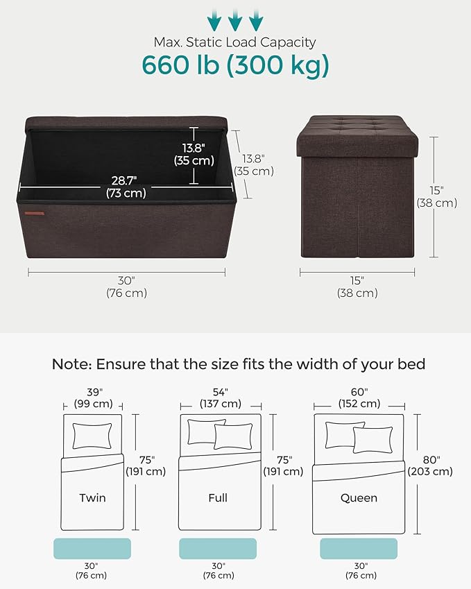 SONGMICS Mazie Collection - 30 Inches Folding Storage Ottoman Bench, Ottoman Foot Rest, End of Bed Bench, Storage Chest, Load 660 lb, for Living Room, Bedroom, Entryway, Brown ULSF047K02