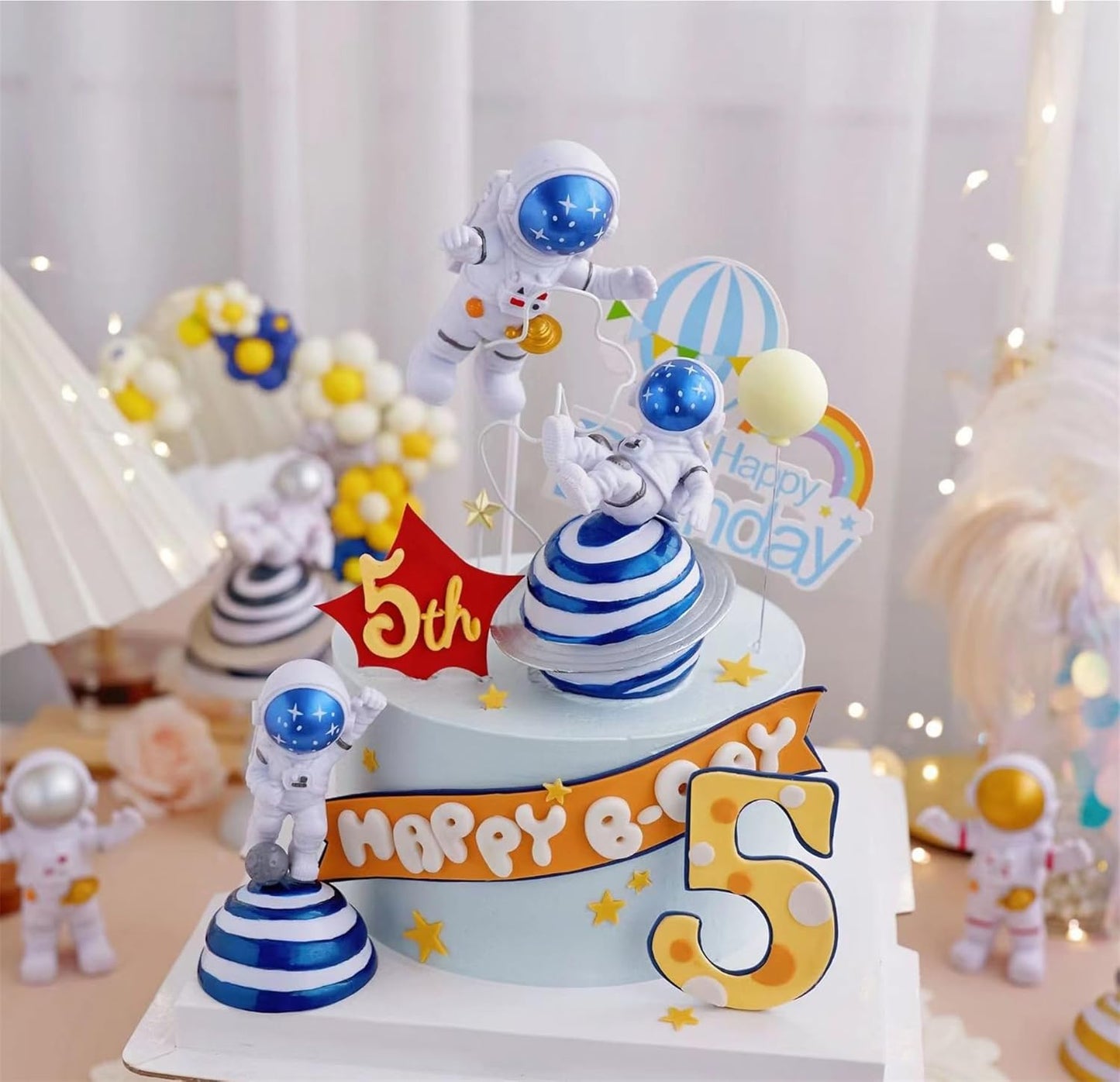 Blue Astronaut Statues Set of 3, Outer Space Theme Figurines Planet Nursery Classroom Bedroom Decor Cake Toppers