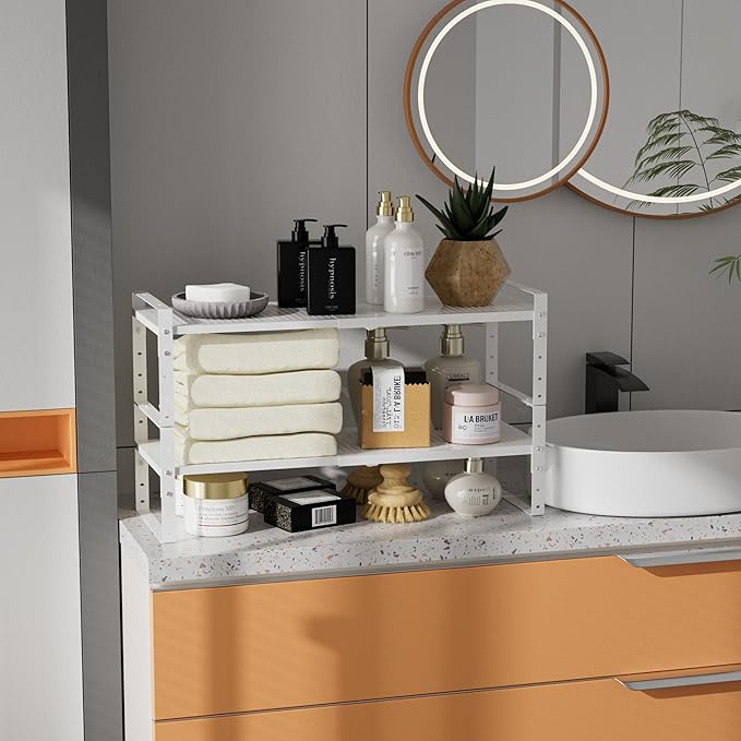 Expandable,Adjustable & Stackable Spice Rack, Cabinet Kitchen Countertop Shelf Organizer,Metal Pantry Storage Shelves - Space-Saving Storage Solution(1Pack/White/Medium)