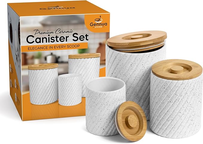 Ceramic Canister Set for Kitchen Countertop & Pantry – 3 Airtight Food Storage Containers for Flour, Sugar & More – Durable White Ceramic with Bamboo Lids