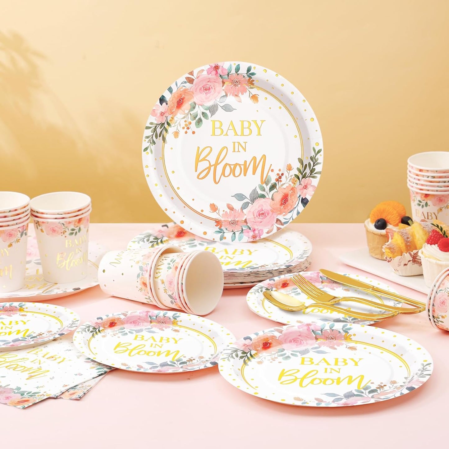 350 Pcs Baby in Bloom Baby Shower Decorations for Girl, Its a Girl Baby Shower Plates and Cups and Napkins Sets, Pink Floral Baby in Bloom Plates and Napkins Sets, Serves 50