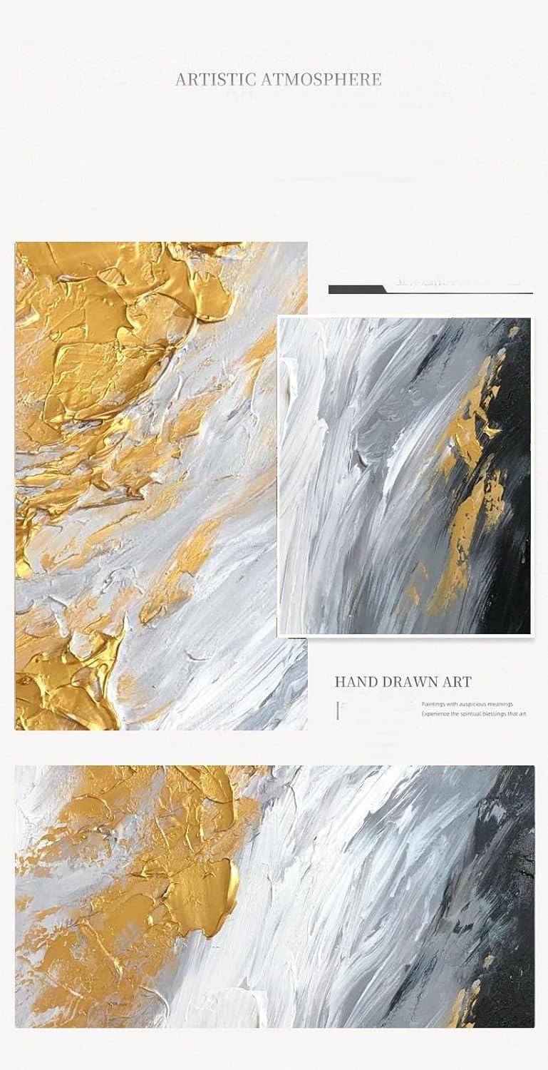 Large Gold Abstract Oil Painting on Canvas for Entrance-Hall, Hand Painted White and Black Wall Art for Living Room,Modern Framed Wall Picture for Bedroom Kitchen Home Decoration 28x56inch