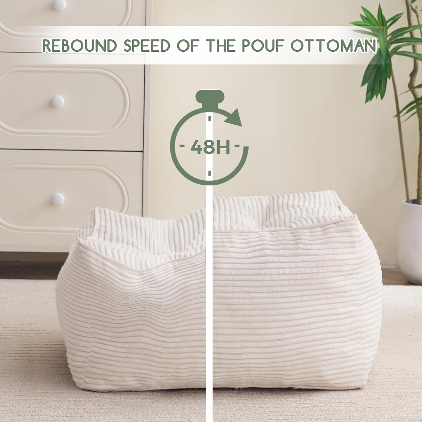 HIGOGOGO Square Stuffed Pouf Ottoman, Corduroy Poufs with Foam Chunk Filling, Furry and Fluffy Pouf Foot Stool Storage Ottoman, 25.6 X 25.6 Floor Poufs Foot Rest for Living Room, Beige