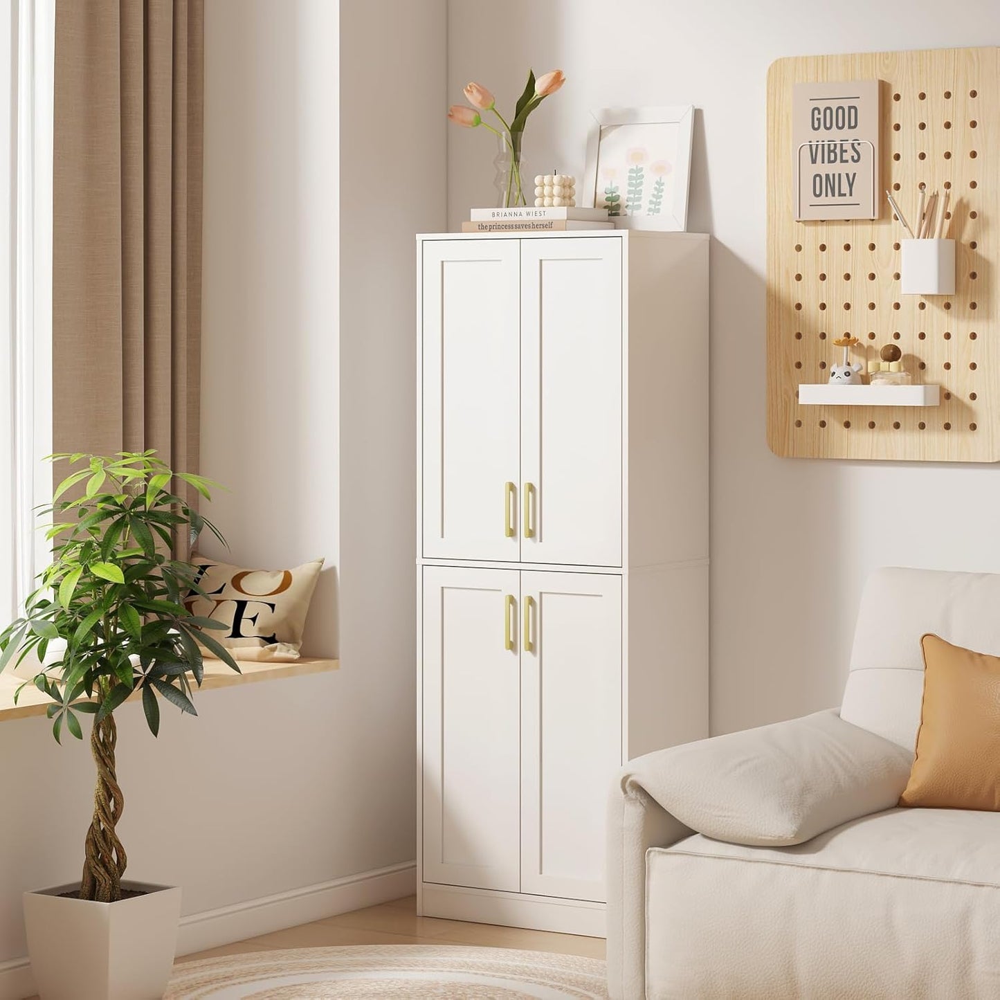 Storage Cabinet, Kitchen Pantry with Doors & Shelf, Tall Storage Cabinet for Bathroom, Living Room, Entryway,White
