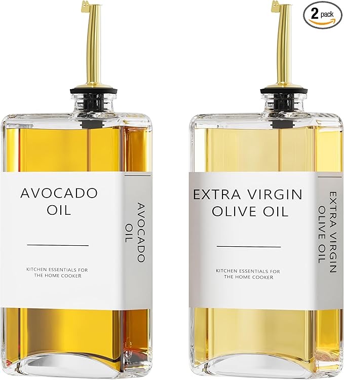 New England Stories Kitchen Cooking Oil Dispenser Set, Olive Oil and Vinegar Bottles, Soy Sauce Dispenser - 2 Pieces, Gold, Durable & Stylish Design