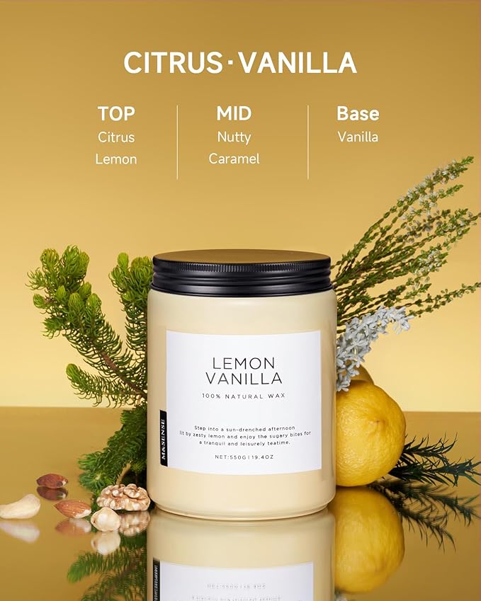 M&SENSE Candles Lemon Vanilla Scented, 19.4oz 110 Hours Long Lasting for Home 2 Wick Natural Soy Wax Non Toxic Candles in Glass Jar, Stress Relief Gifts for Women and Men
