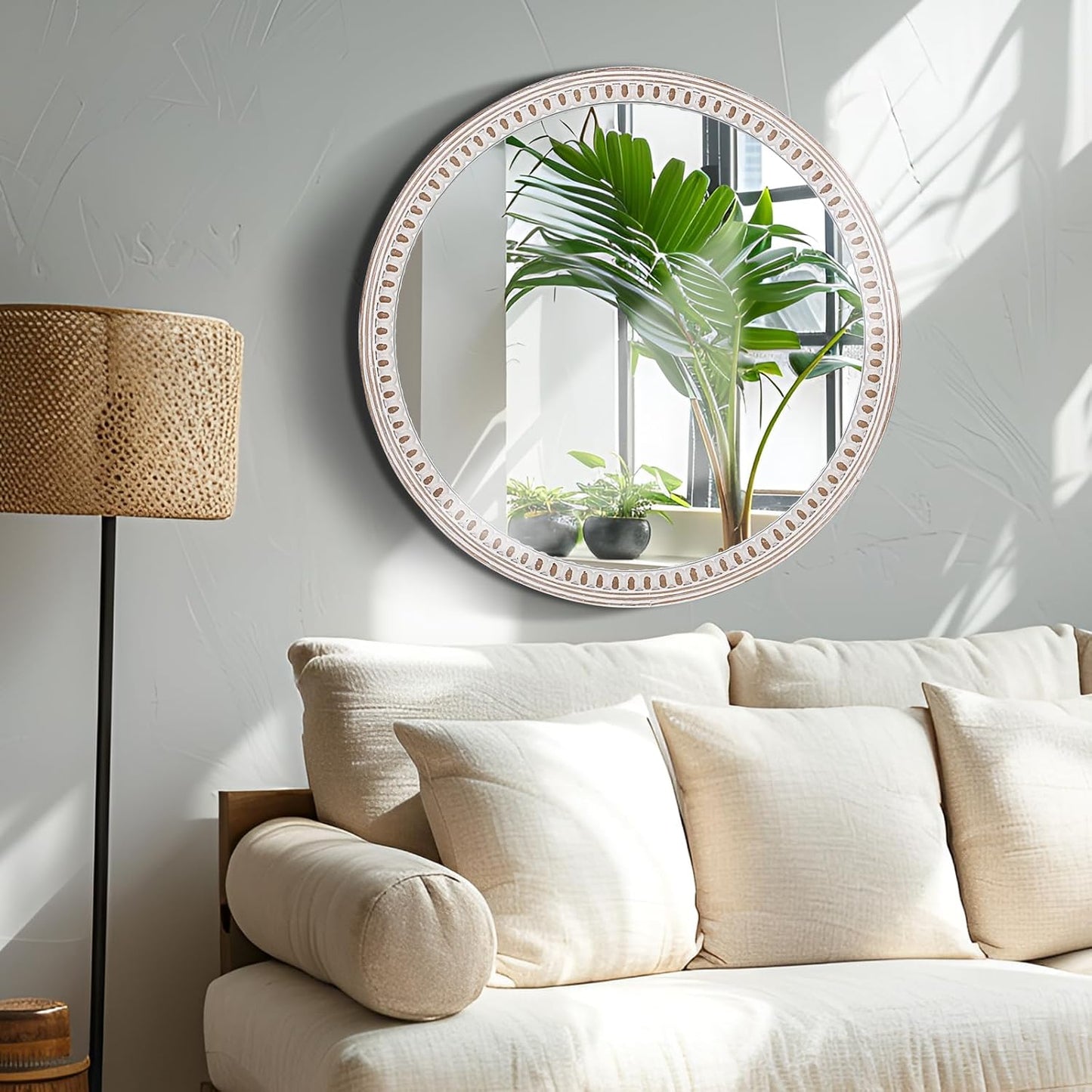 24 inches Decorative Round Wood Mirror with Bead, Rustic Farmhouse Circle Mirrors for Wall Decor, Living Room, Entryway, Bathroom Over Sink