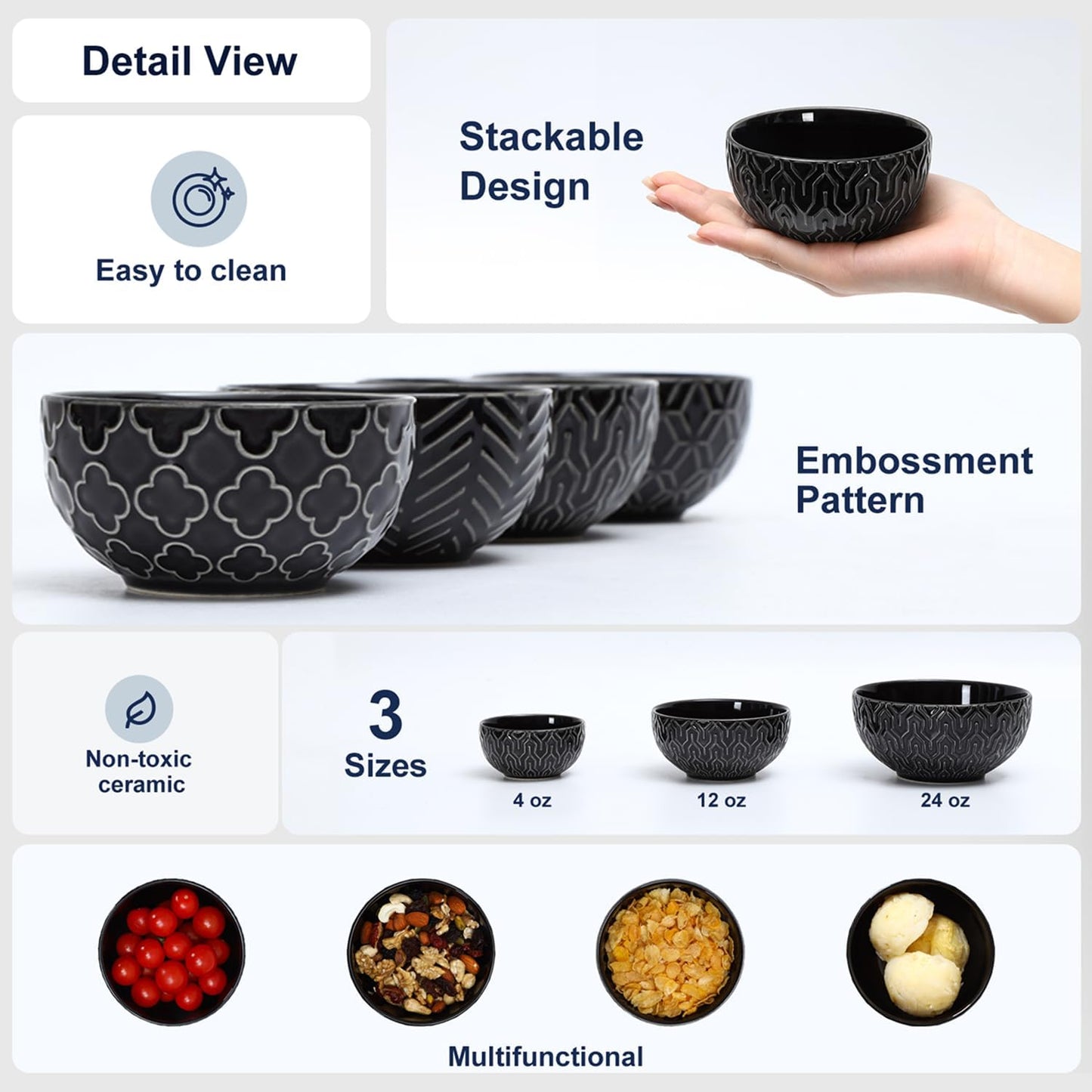 Sureasy Ceramic Ice Cream Bowls, 12oz Embossed Dessert Bowls Set, 4.6 Inch Stoneware Small Bowls for Snack, Sauce, Fruits, Microwave and Dishwasher Safe, Set of 4, Black