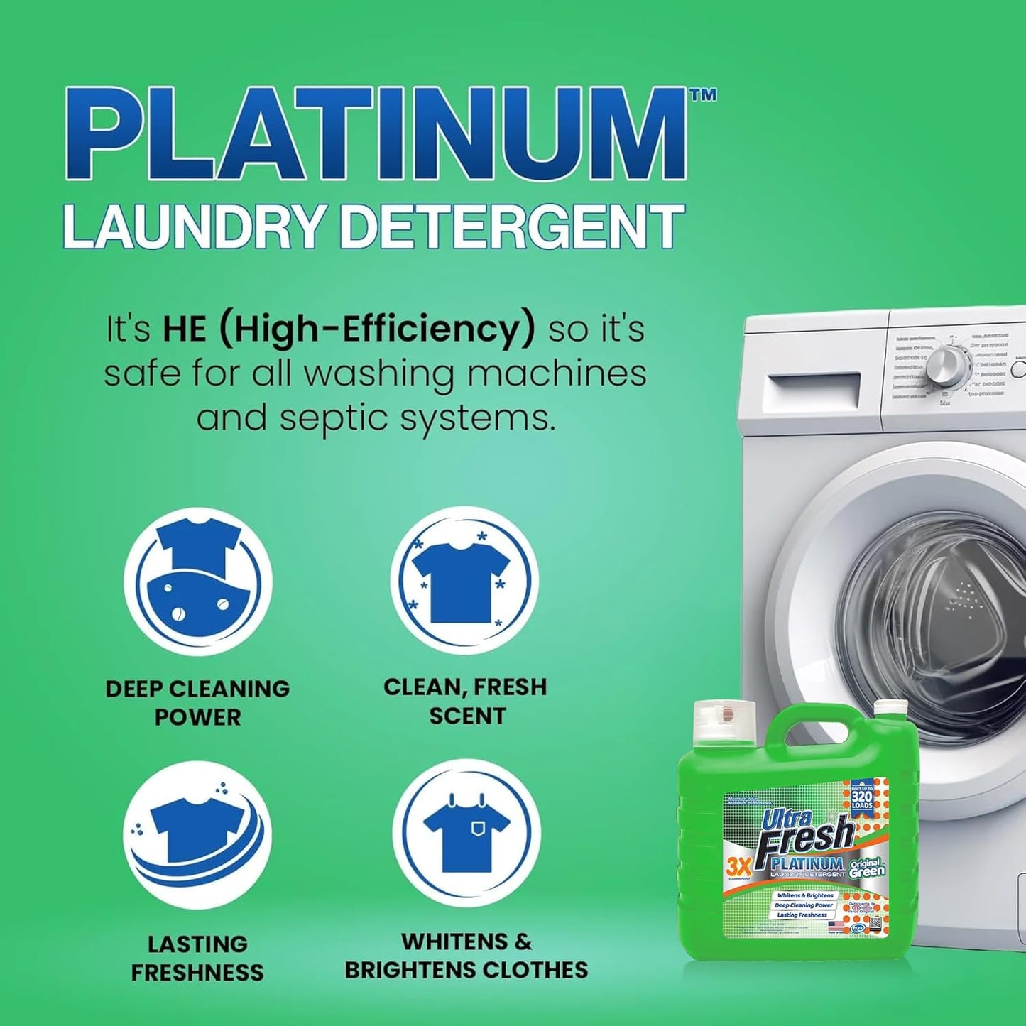 Ultra Fresh 2 Pack 3X Platinum Liquid Laundry Detergent up to 320 Loads, Original Green - Deep Cleaning Power and Fresh Scent for Washing Clothes