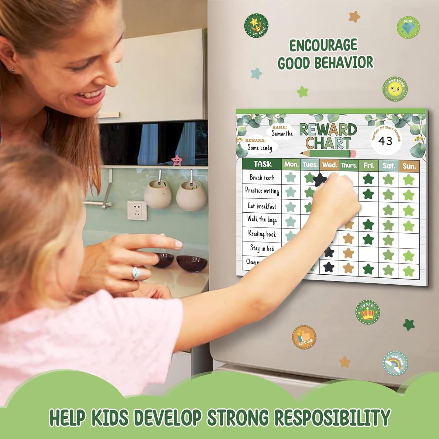 Reward Chart for Kids,Magnetic Behavior Chore Chart for Kids at Home,26 Eucalyptus Chore Charts,1960 Star Stickers,56 Reward Stickers,Incentive Chart to Develop Responsibility and Good Habits,Greenery